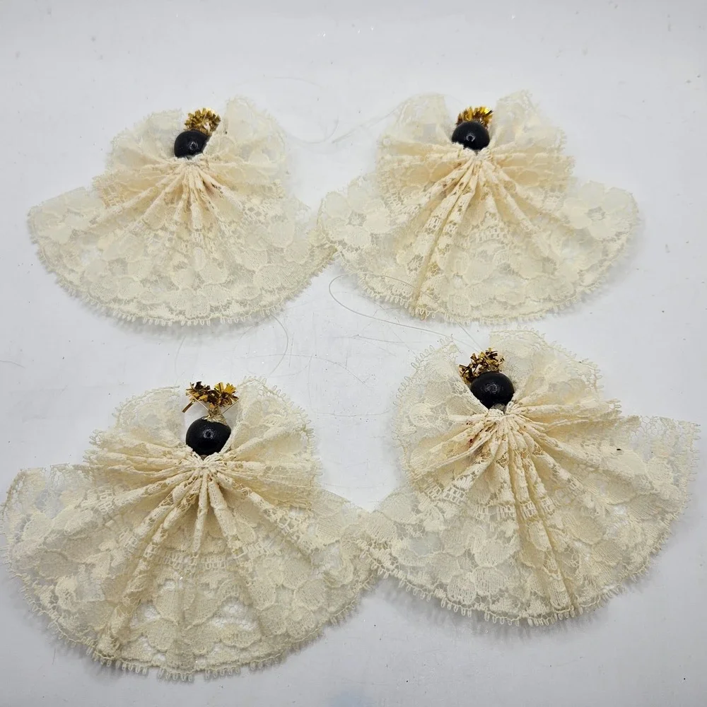 Vintage Handmade Lace Angel Christmas Ornaments Lot of 4 Wood Bead Faces